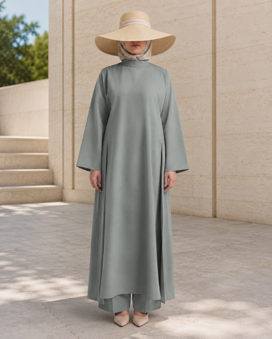 Ensemble TAHARA porté avec un chapeau à large bord